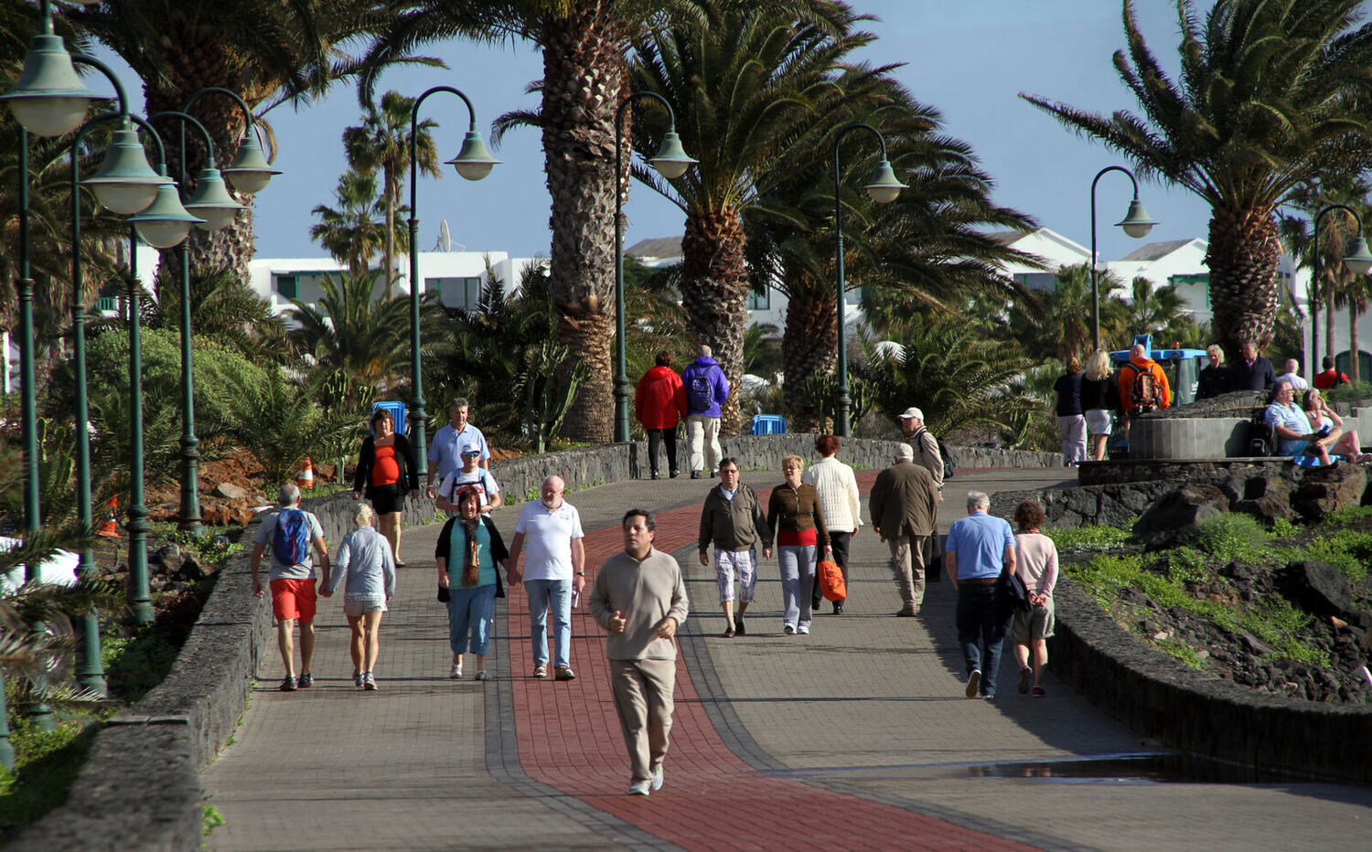 Paseo marítimo de Costa Teguise, Lanzarote, con palmeras y vistas al mar