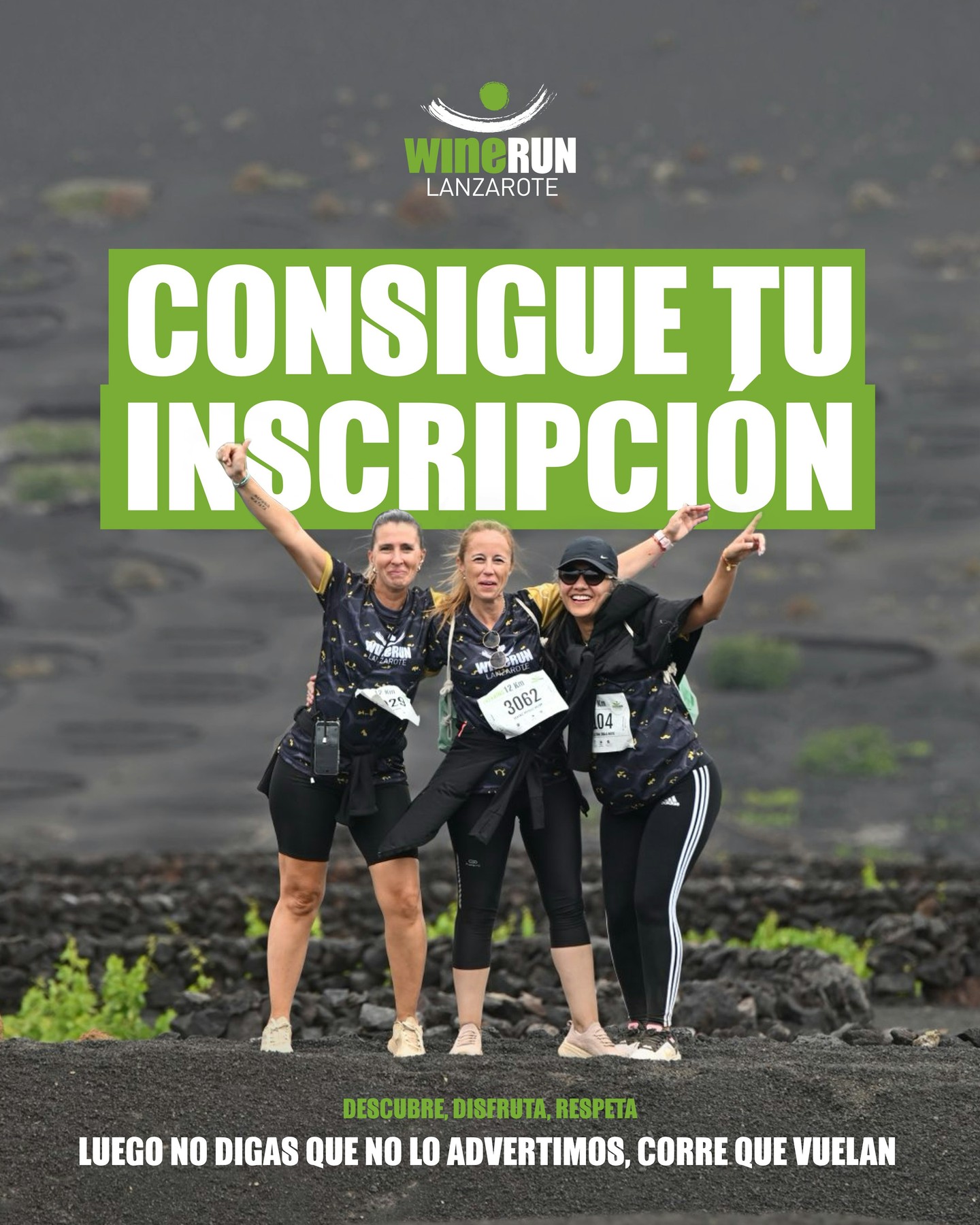 Wine Run Lanzarote 2026 promo poster, three runners cheering in La Geria's volcanic vineyards