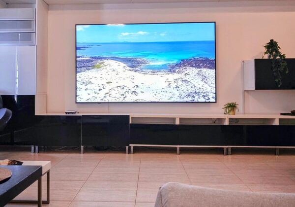 86-inch cinema smart TV close-up showing Lanzarote coast