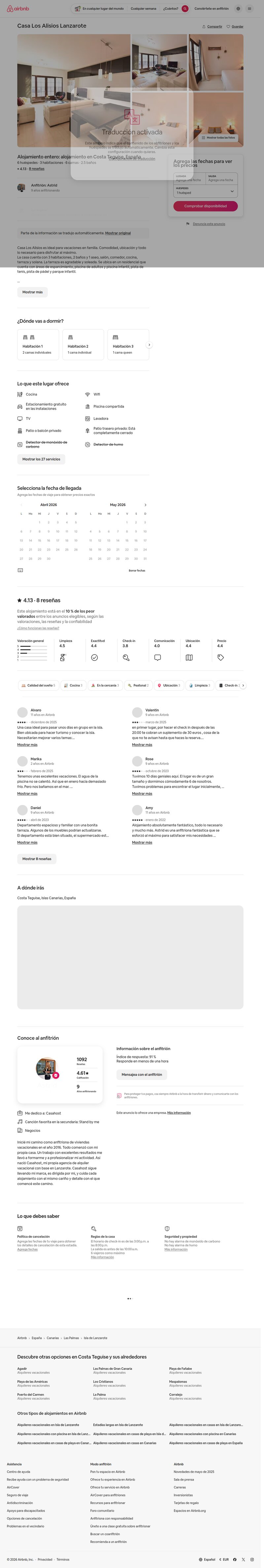 Screenshot of the original Casa Los Alisios Airbnb listing page showing 4.13/5 rating